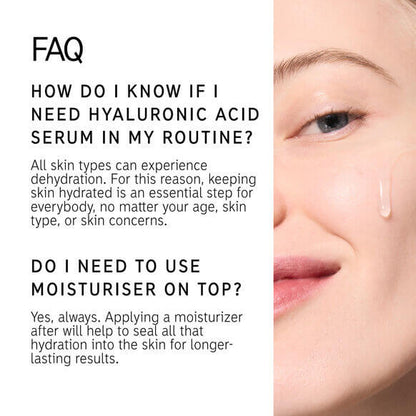 FAQ about hyaluronic acid serum usage and the importance of moisturizer for hydration.