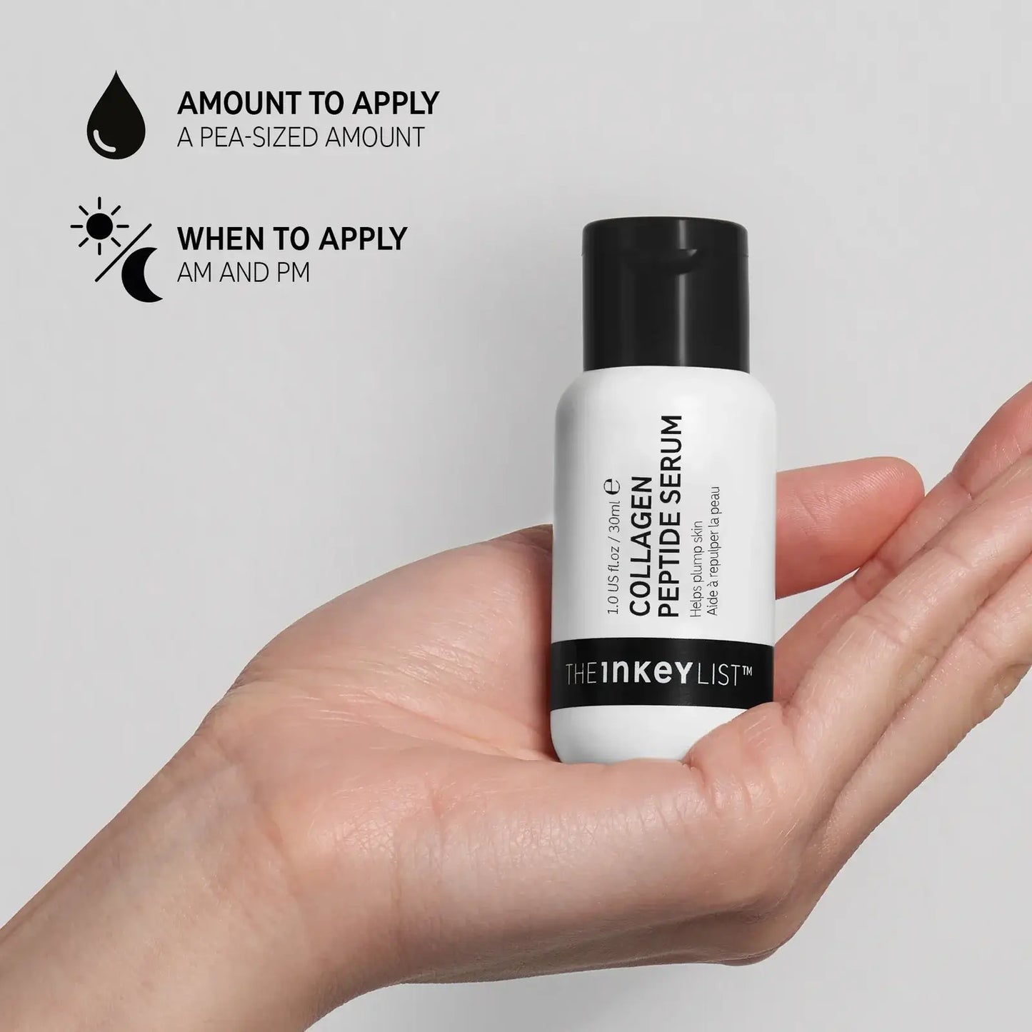 Hand holding The INKEY List Collagen Peptide Serum with application tips for best results.