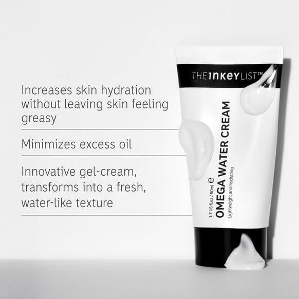 THE INKEY LIST Omega Water Cream tube, lightweight gel-cream for hydration, reduces oil and provides water-like texture.