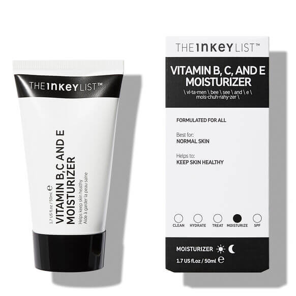 The INKEY List Vitamin B, C and E Moisturizer 50ml tube and box, designed for healthy, hydrated skin.
