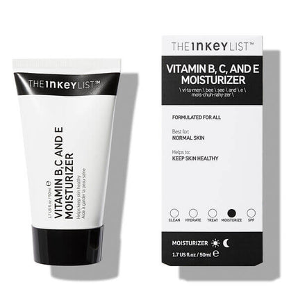The INKEY List Vitamin B, C and E Moisturizer 50ml tube and box, designed for healthy, hydrated skin.