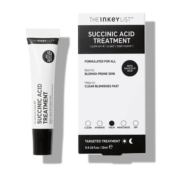 The Inkey List Succinic Acid Treatment 15ml tube and box, designed for quick blemish clearance.