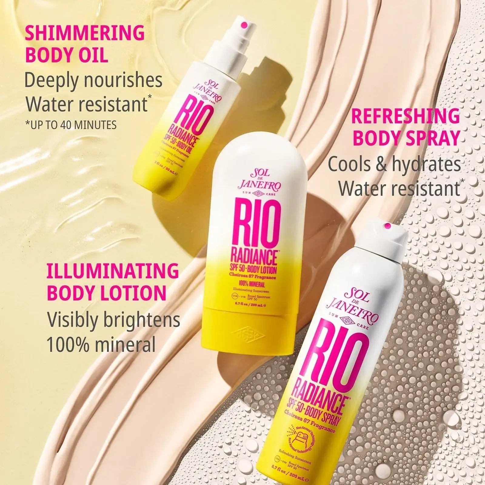 Sol de Janeiro Rio Radiance Oil, Body Spray, and Lotion on textured background, showcasing summer beauty essentials.