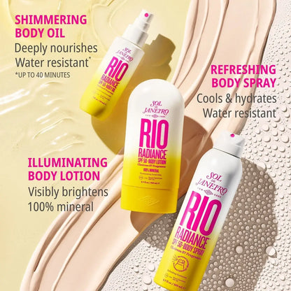 Sol de Janeiro Rio Radiance Oil, Body Spray, and Lotion on textured background, showcasing summer beauty essentials.