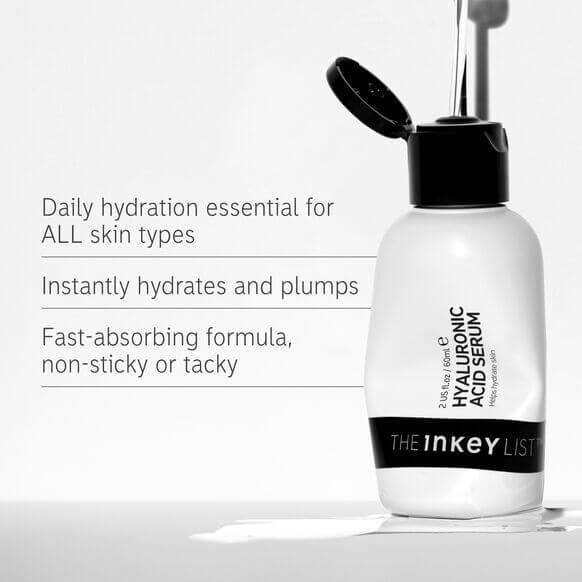 The INKEY List Hyaluronic Acid Serum bottle, promoting deep hydration and fast-absorbing formula for all skin types.