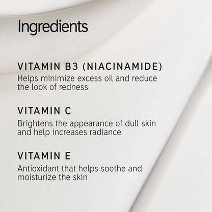 Ingredients list for INKEY List Vitamin B, C and E Moisturizer highlighting benefits of vitamins B3, C, and E.