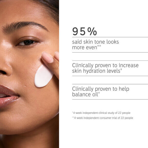 Model applying THE INKEY LIST Omega Water Cream, showcasing hydration results and skin benefits.