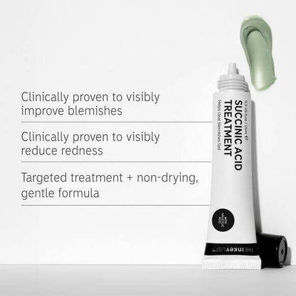 The Inkey List Succinic Acid Treatment tube highlighting benefits for clearer skin and blemish reduction.