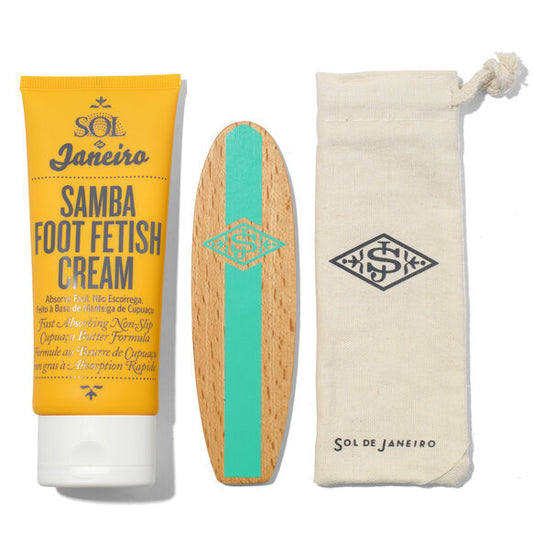 Sol de Janeiro Samba 2-Step Foot Fetish Care 90ml cream and smoothing board set for luxurious foot care.
