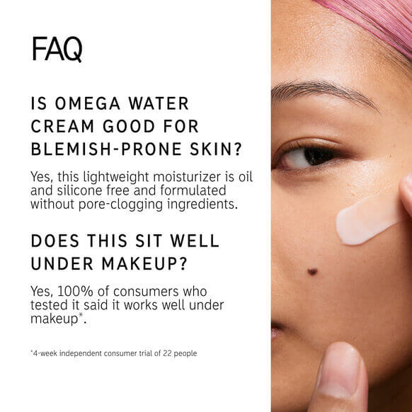 FAQ about THE INKEY LIST Omega Water Cream benefits for blemish-prone skin and makeup application.