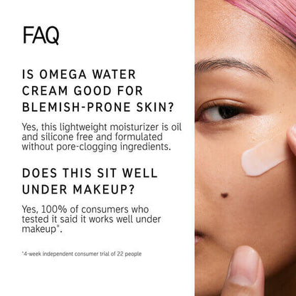 FAQ about THE INKEY LIST Omega Water Cream benefits for blemish-prone skin and makeup application.