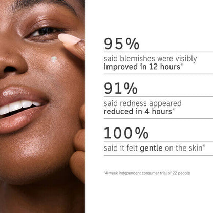 Close-up of a smiling woman applying skincare, showcasing effectiveness of acne treatment with key results.