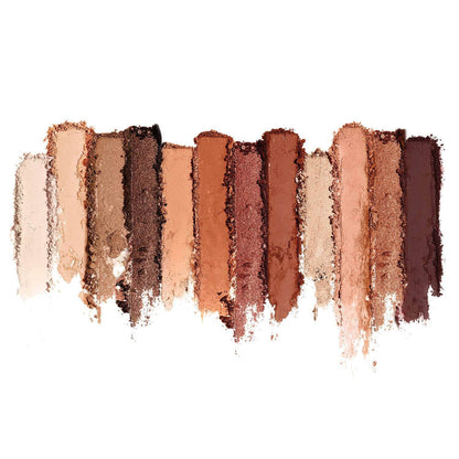 Swatches of TARTE Tartelette™ Toasted Eyeshadow Palette showcasing 12 rich, warm shades.