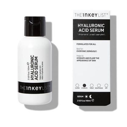 The INKEY List Hyaluronic Acid Serum bottle and box, designed for deep hydration and skin rejuvenation.