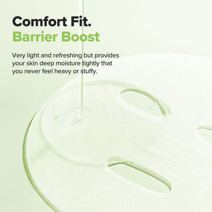 Comfort Fit Barrier Boost face mask sheet with a clear gel-like liquid being poured onto it, shown on a pale green background with product text.