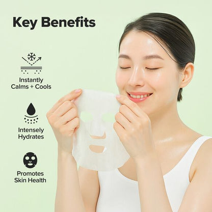 Woman applying a face mask with key benefits listed on a light green background