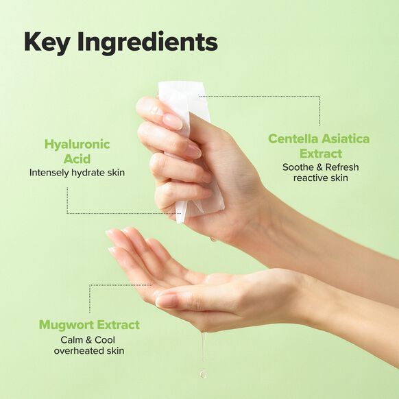 A hand squeezes a clear cosmetic bottle onto another hand against a pale green background, with text labels pointing to key ingredients: Hyaluronic Acid, Centella Asiatica Extract, and Mugwort Extract.