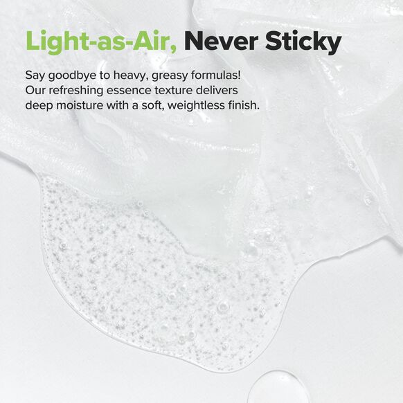 Product packaging with text about a refreshing essence texture on a light gray background