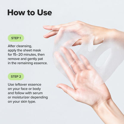 Instructions on how to use a sheet mask with text and hands holding the mask.