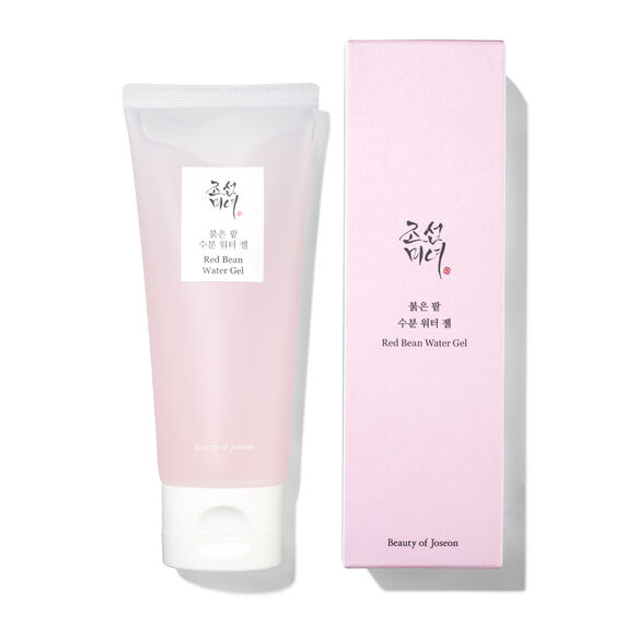 Beauty of Joseon Red Bean Water Gel shown as a translucent pink squeeze tube next to its light pink packaging box on a white background.