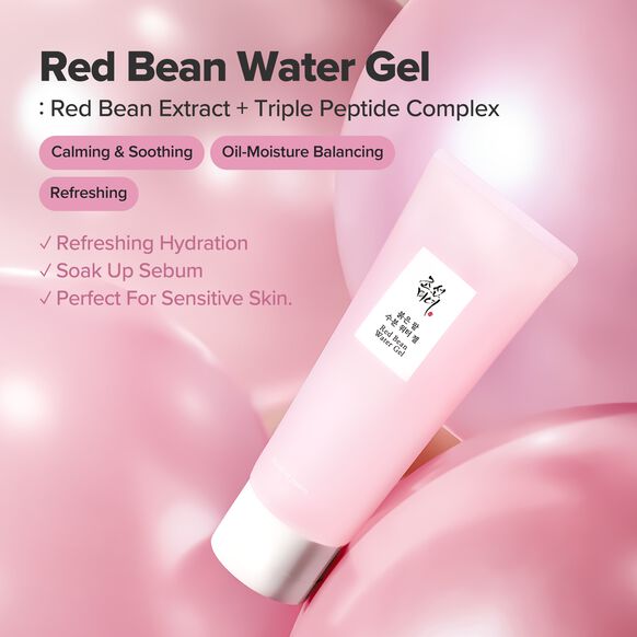 Pink cosmetic tube labeled 'Red Bean Water Gel' with Korean text, shown on a soft pink background with promotional text about red bean extract and triple peptide complex.