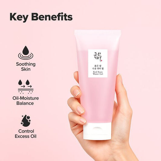 A hand holds a pink tube of Red Bean Water Gel against a soft pink background, with text on the left listing key benefits: soothing skin, oil-moisture balance, and control excess oil.