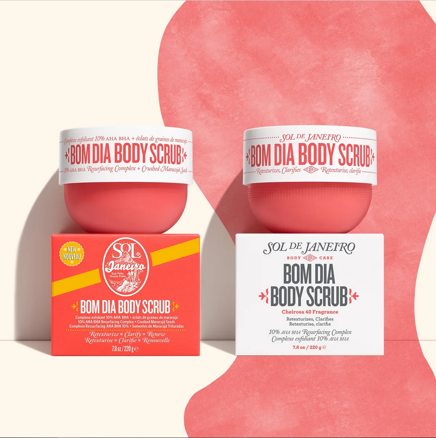 Sol de Janeiro Bom Dia Body Scrub 220g jar and box showcasing vibrant packaging and exfoliating benefits.