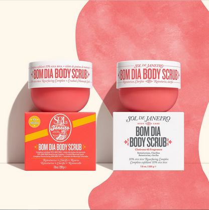 Sol de Janeiro Bom Dia Body Scrub 220g jar and box showcasing vibrant packaging and exfoliating benefits.