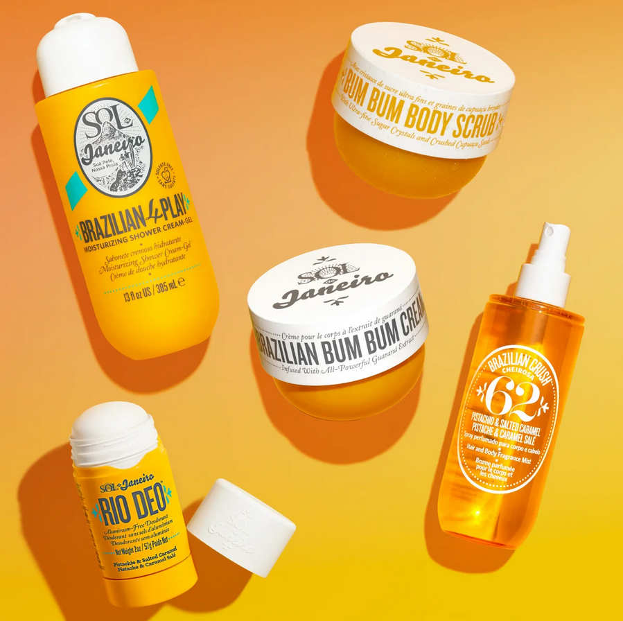 Sol de Janeiro Rio Deo Cheirosa 62 Aluminium-Free Deodorant 57g among Brazilian skincare products on a vibrant background.