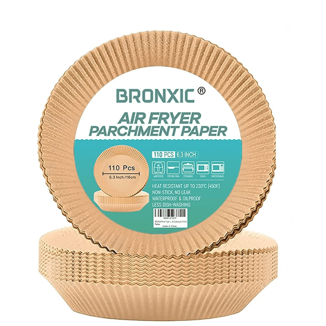 Bronxic Air Fryer Disposable Liners 110PCS, 6.3-inch parchment paper for easy cooking and cleanup.