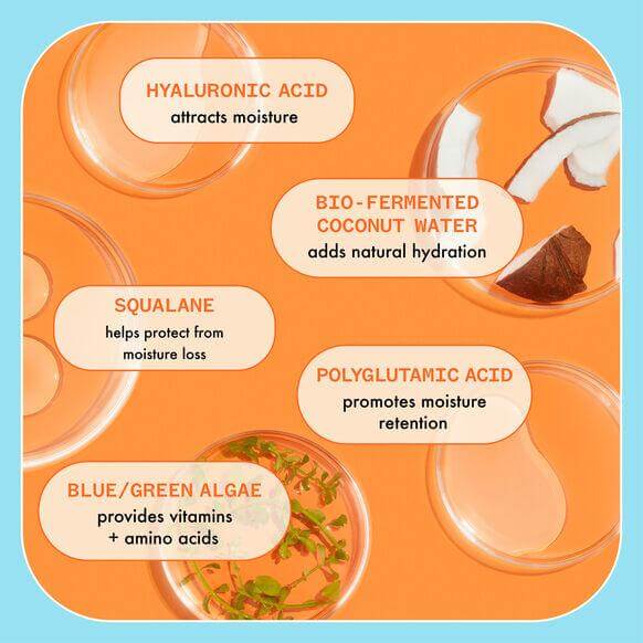 Ingredients of Amika Hydro Rush Leave-In Conditioner: hyaluronic acid, coconut water, squalane, polyglutamic acid, blue/green algae.