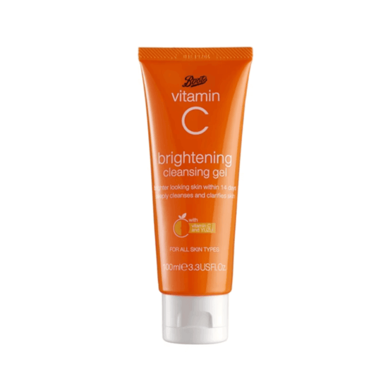 Boots Vitamin C Brightening Cleansing Gel 200ml tube with Yuzu extract for bright skin, suitable for all skin types.