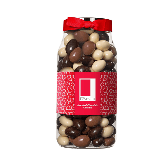 Rita Farhi assorted chocolate almonds in luxury gift jar, featuring milk, dark, and white chocolate coatings.