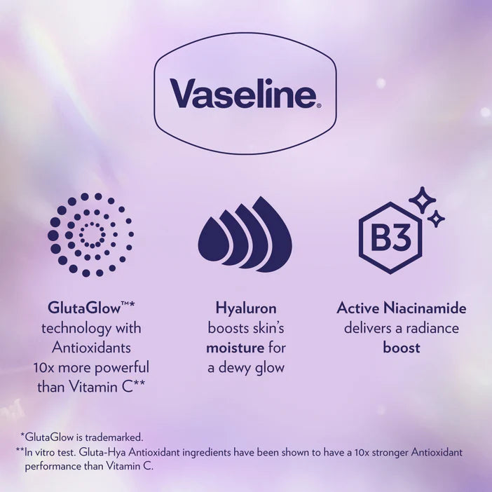 Vaseline product description with GlutaGlow, Hyaluron, and B3 technology on a purple background
