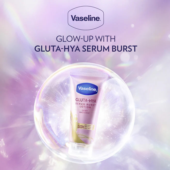 Vaseline Gluta-Hya Serum Burst lotion on a purple background with Vaseline logo.