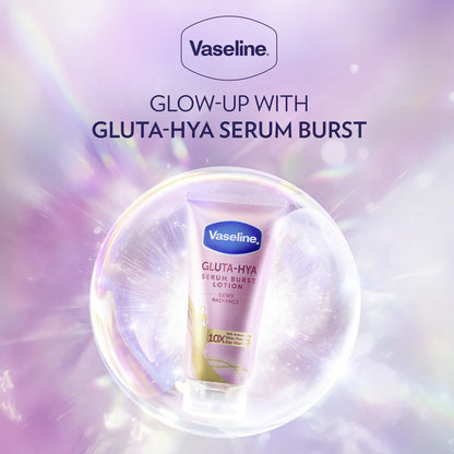 Vaseline Gluta-Hya Serum Burst lotion on a purple background with Vaseline logo.