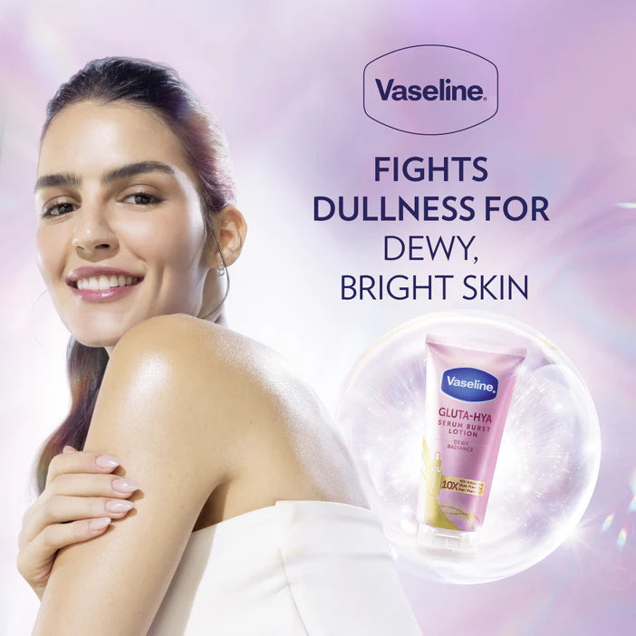 Vaseline advertisement with a woman and Vaseline lotion on a light background