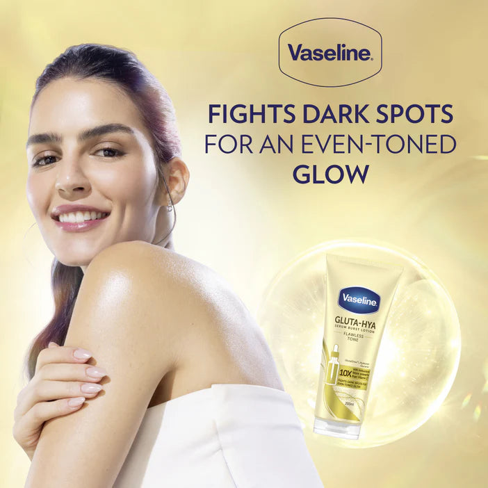 Vaseline advertisement with a woman and Vaseline product on a yellow background