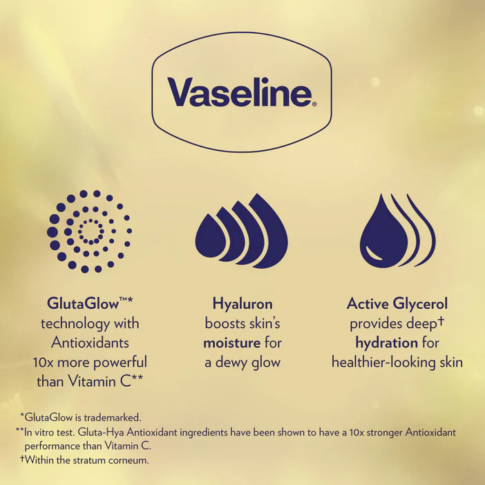 Vaseline product description with GlutaGlow, Hyaluron, and Active Glycerol features on a beige background.