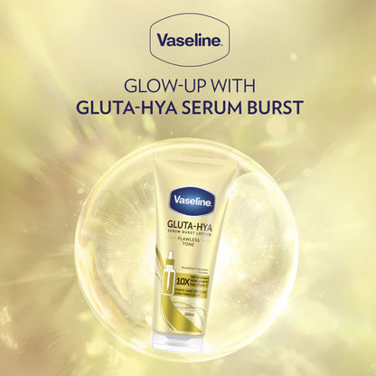 Vaseline Gluta-Hya Serum Burst lotion on a gold background with Vaseline logo.