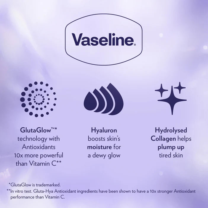 Vaseline product description with features on a purple background