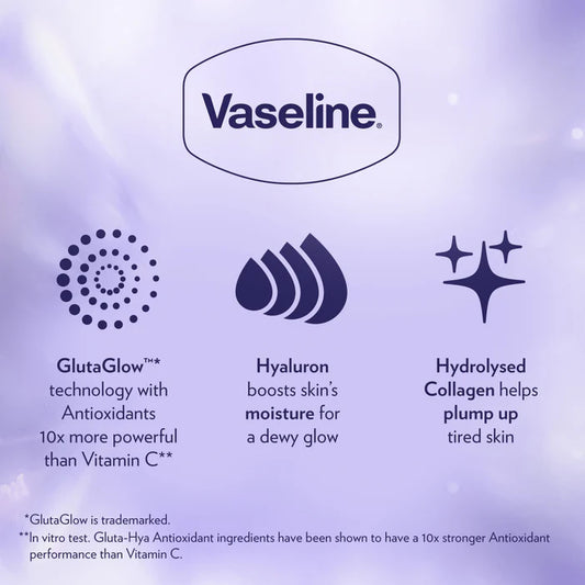 Vaseline product description with features on a purple background