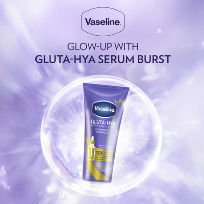 Vaseline Gluta-Hya Serum Burst packaging on a purple background with Vaseline logo.