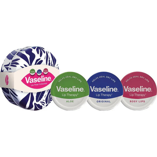Four Vaseline lip balm containers in different flavors on a white background