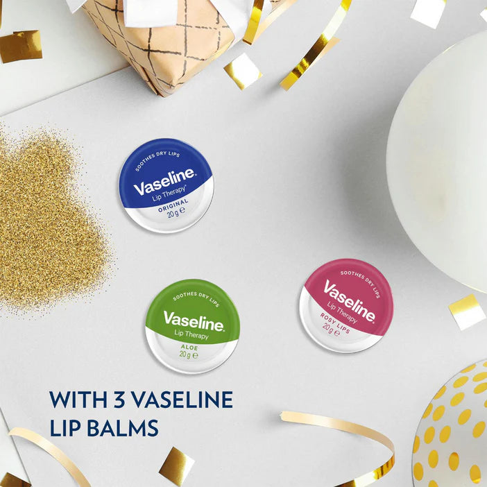 Vaseline lip balms on a decorative background with gold confetti and balloons.