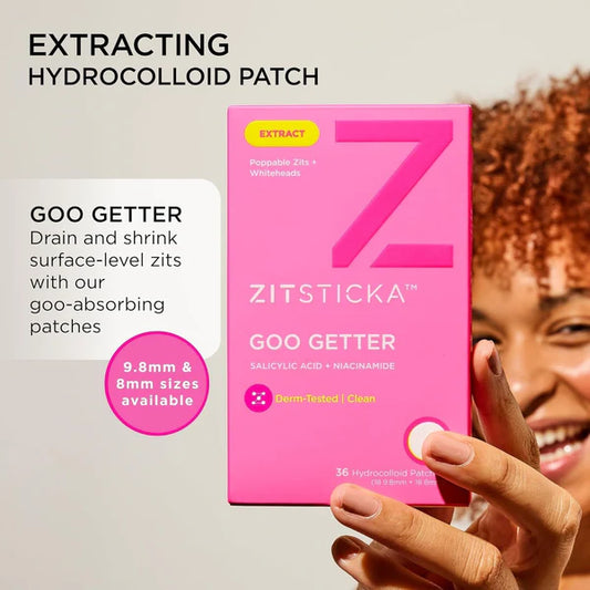 Zitsticka Goo Getter hydrocolloid patch box with a person applying it, on a neutral background.