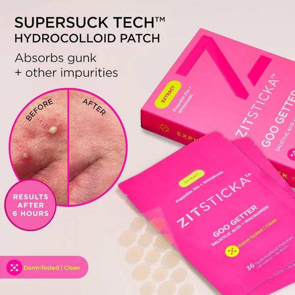 Zitsticka hydrocolloid patch packaging with before and after effects on skin.