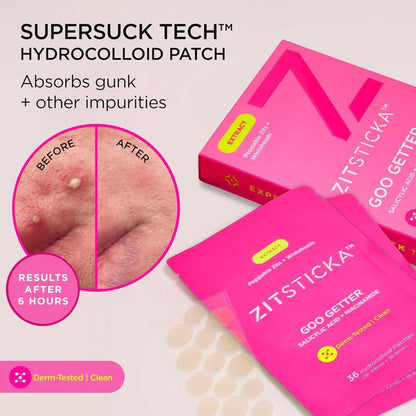 Zitsticka hydrocolloid patch packaging with before and after effects on skin.