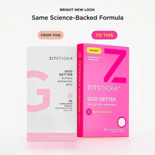Comparison of Zitsticka Goo Getter packaging before and after a 'bright new look'.