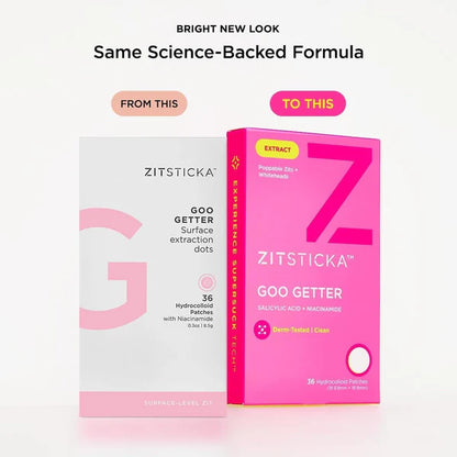 Comparison of Zitsticka Goo Getter packaging before and after a 'bright new look'.